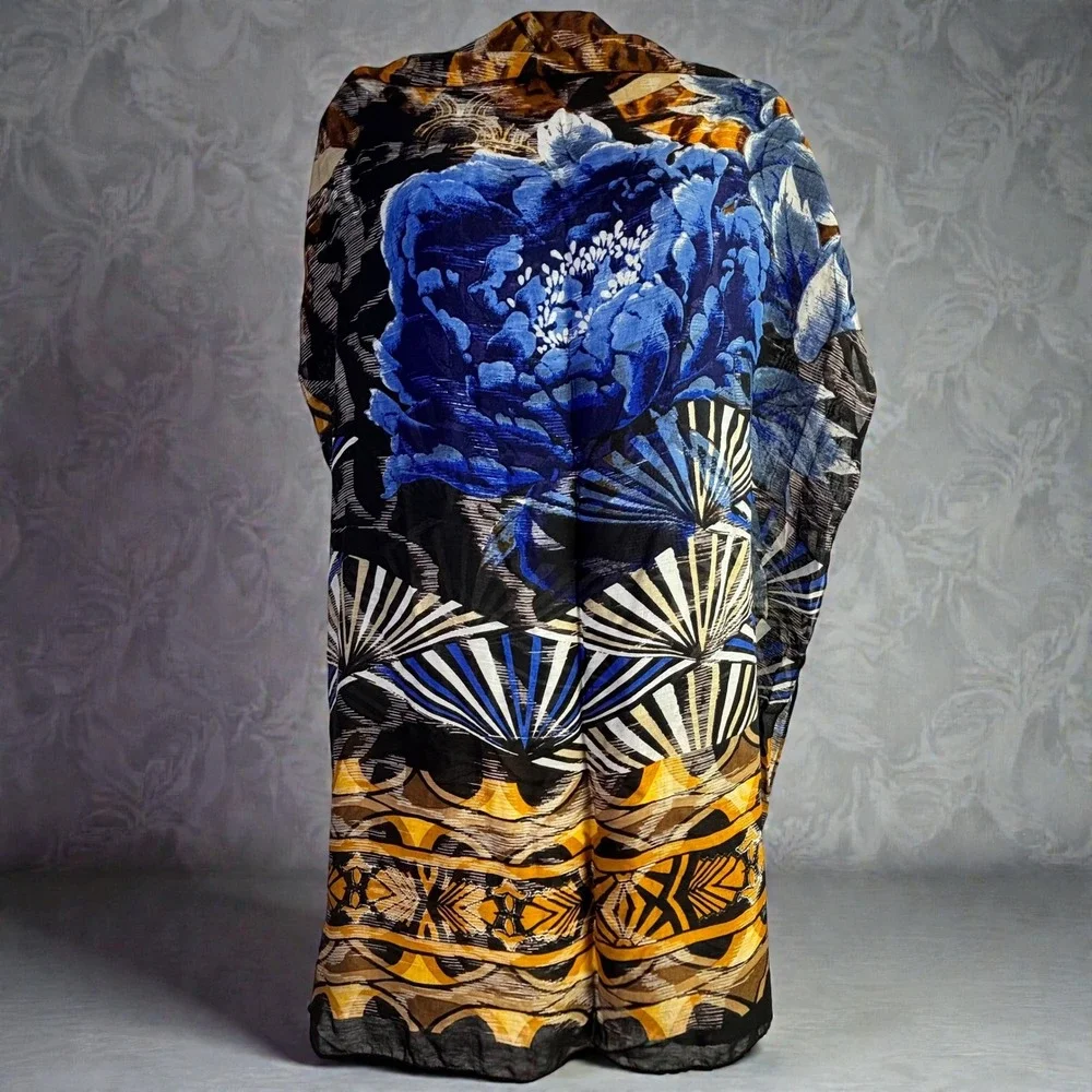Bohemian Silk/Rayon Eclectic Scarf/Wrap‎ Chico's Floral Cobalt Blue Yellow Gold